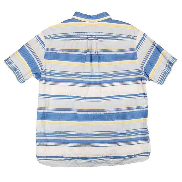 Lands End Tropical Seersucker Shirt Mens XL White Blue Yellow Striped Aloha - Picture 2 of 6